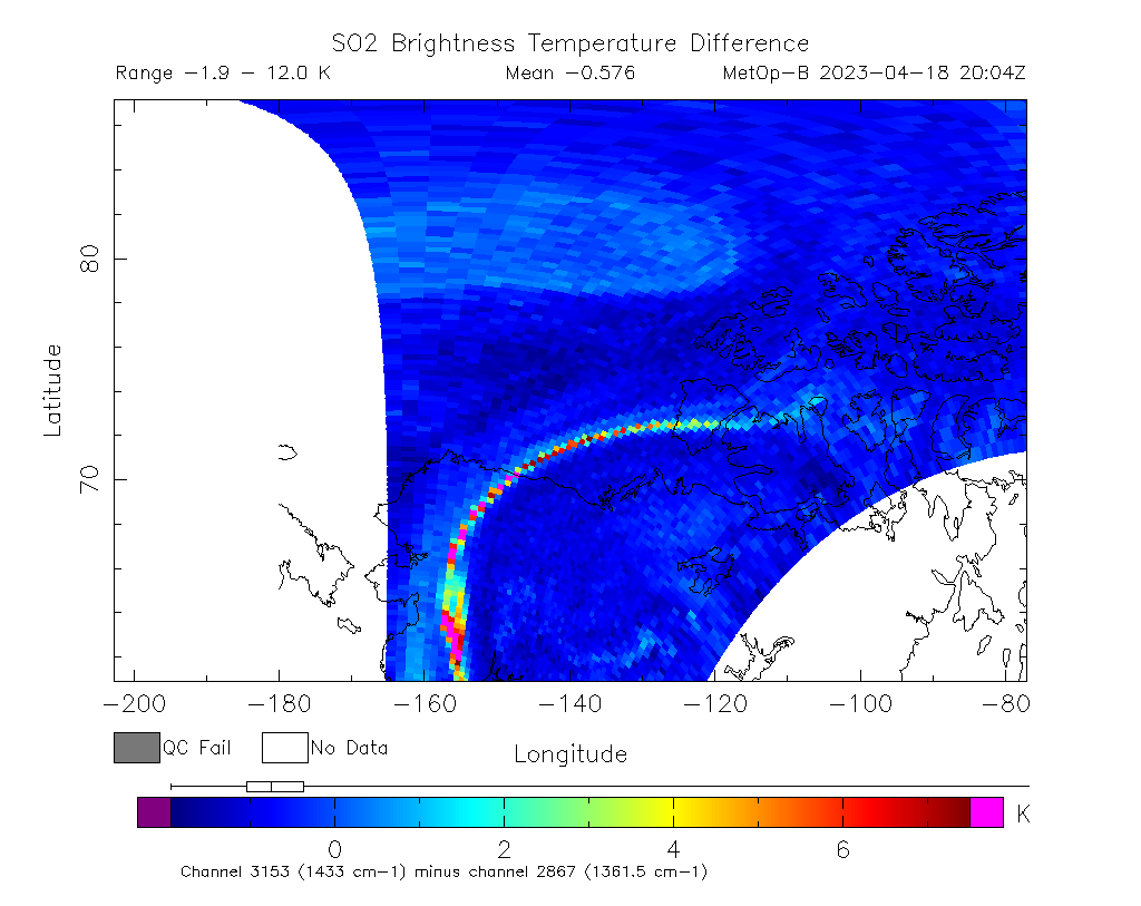 SO2 Brightness Temperature Difference 2023-04-18 20:04Z
