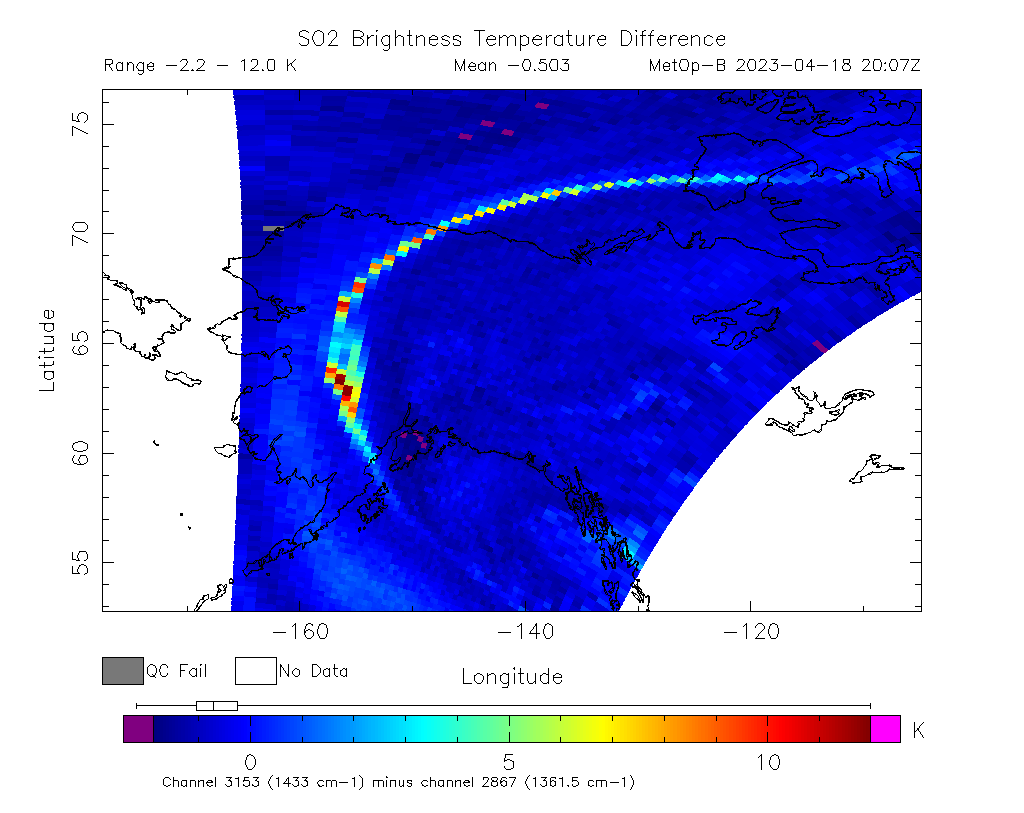 SO2 Brightness Temperature Difference 2023-04-18 20:07Z