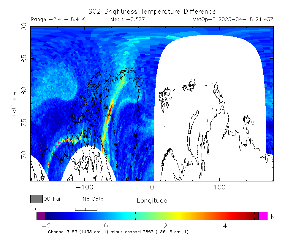 SO2 Brightness Temperature Difference 2023-04-18 21:43Z
