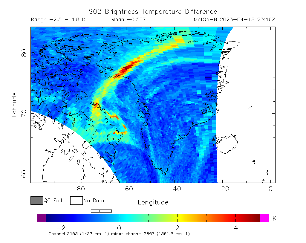 SO2 Brightness Temperature Difference 2023-04-18 23:19Z