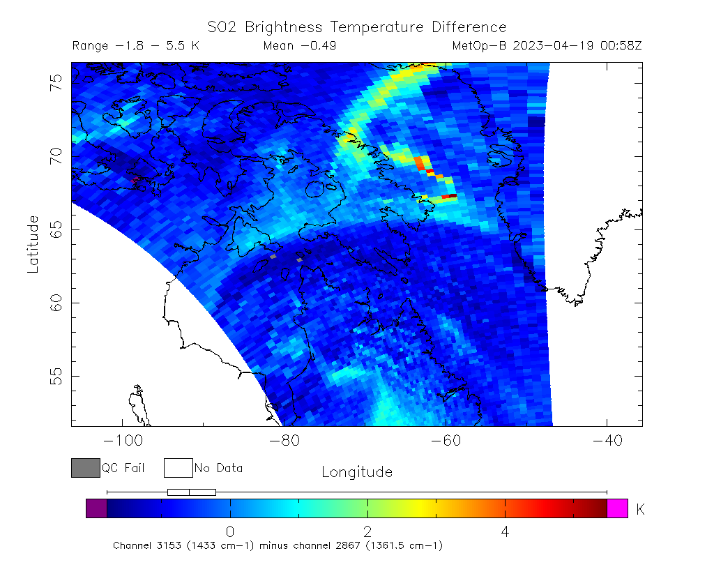 SO2 Brightness Temperature Difference 2023-04-19 00:58Z