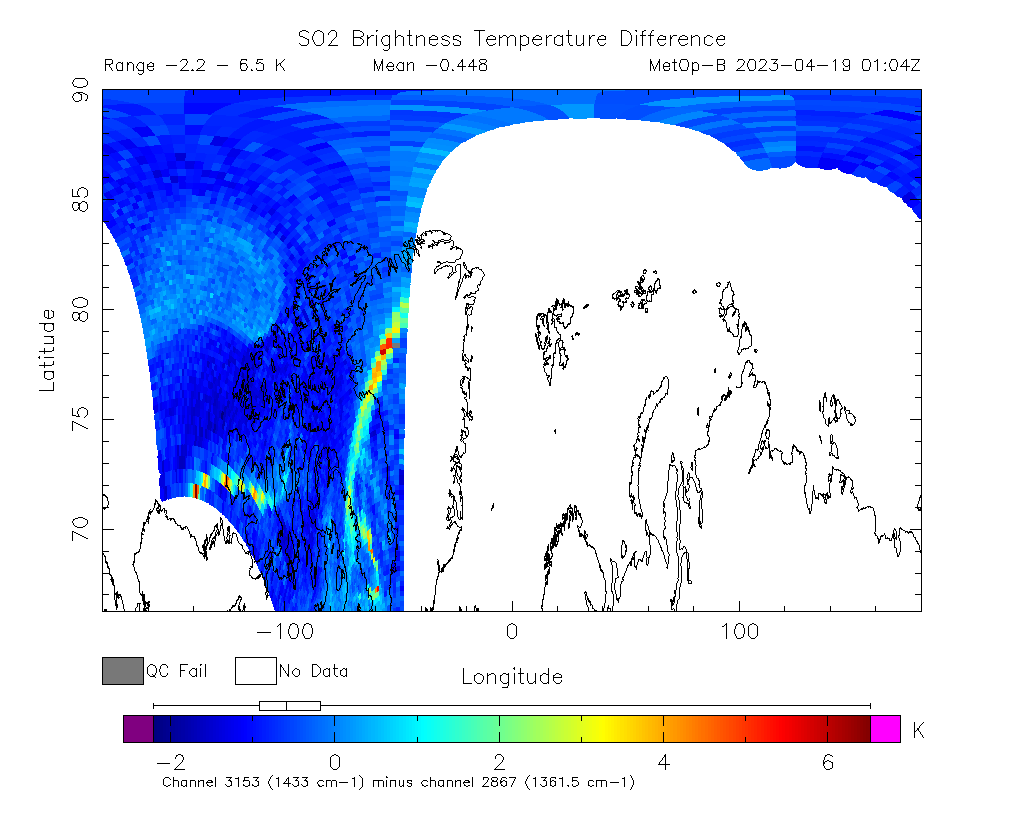 SO2 Brightness Temperature Difference 2023-04-19 01:04Z