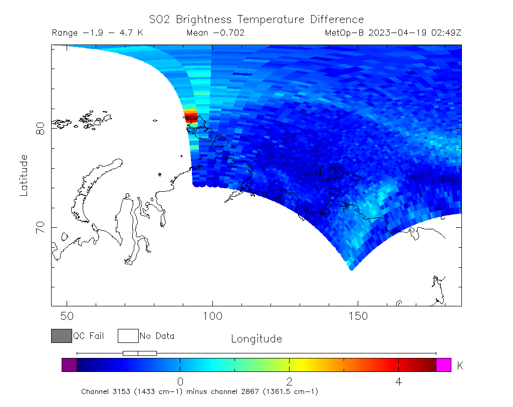 SO2 Brightness Temperature Difference 2023-04-19 02:49Z