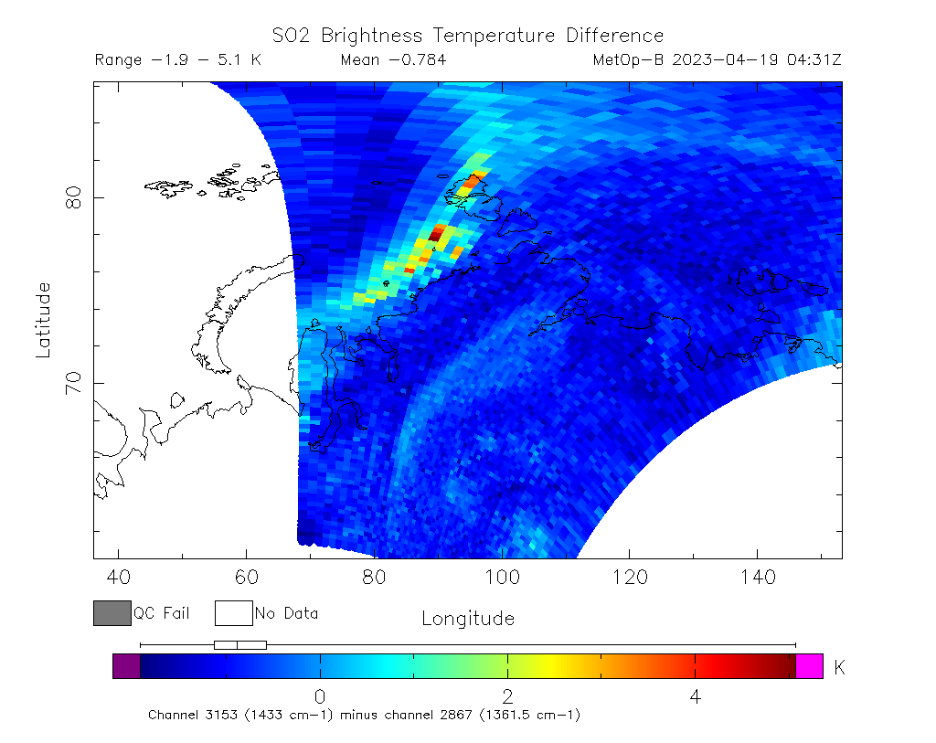SO2 Brightness Temperature Difference 2023-04-19 04:31Z