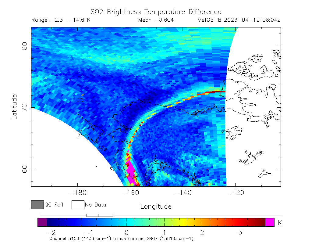 SO2 Brightness Temperature Difference 2023-04-19 06:04Z