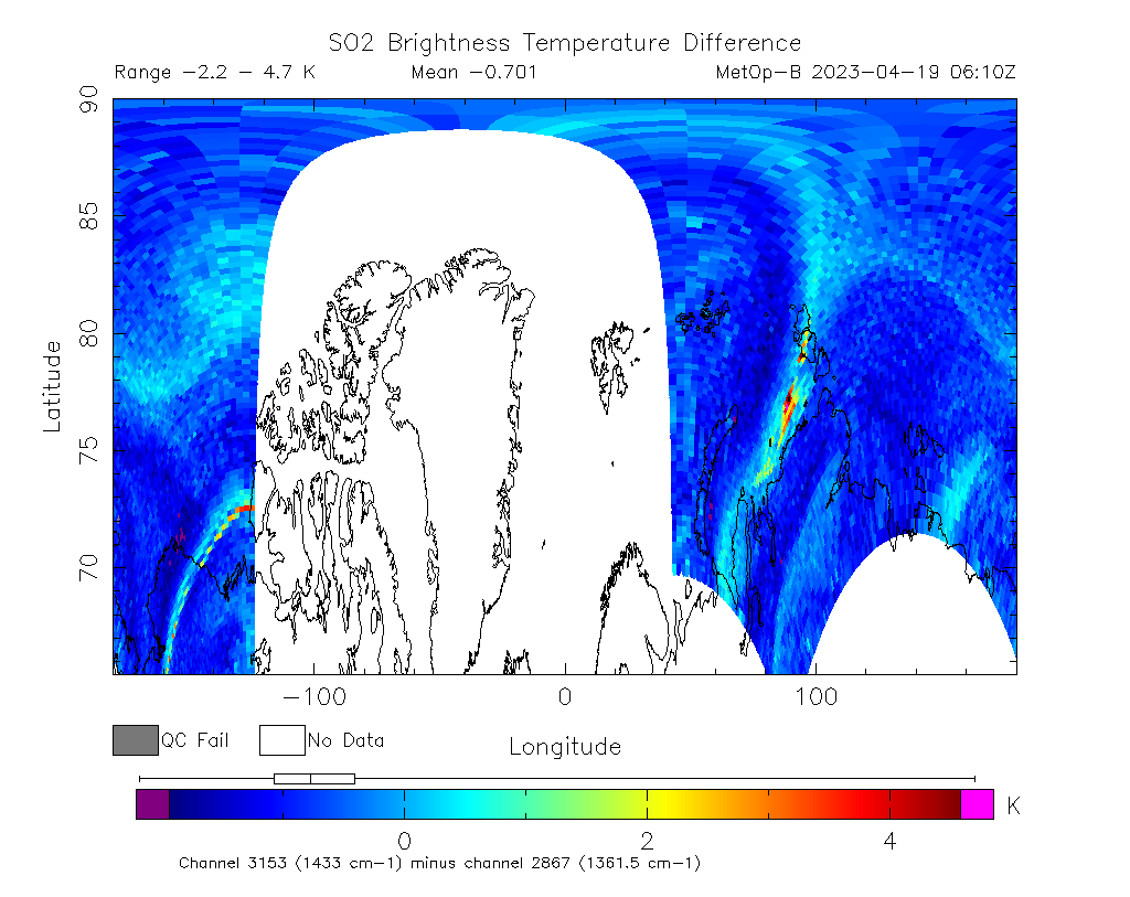 SO2 Brightness Temperature Difference 2023-04-19 06:10Z