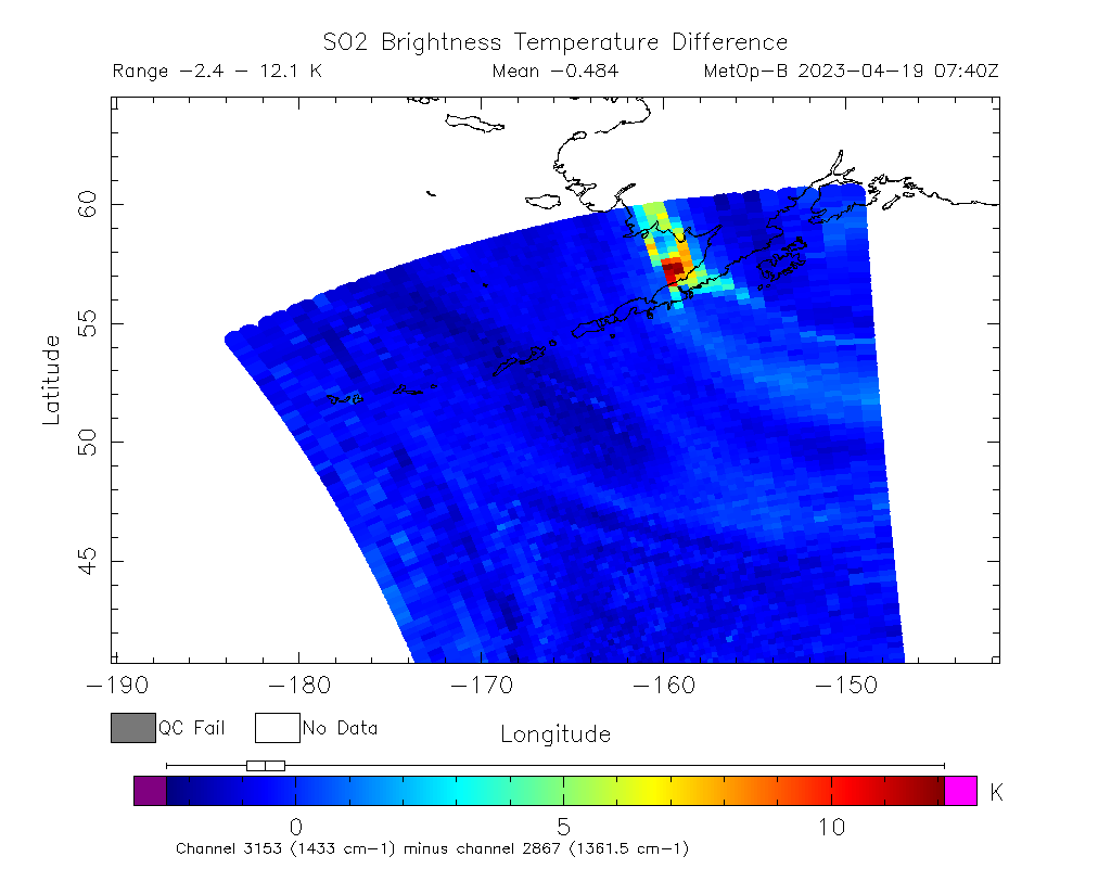 SO2 Brightness Temperature Difference 2023-04-19 07:40Z
