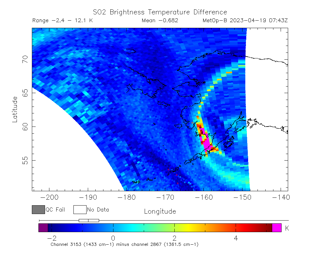 SO2 Brightness Temperature Difference 2023-04-19 07:43Z