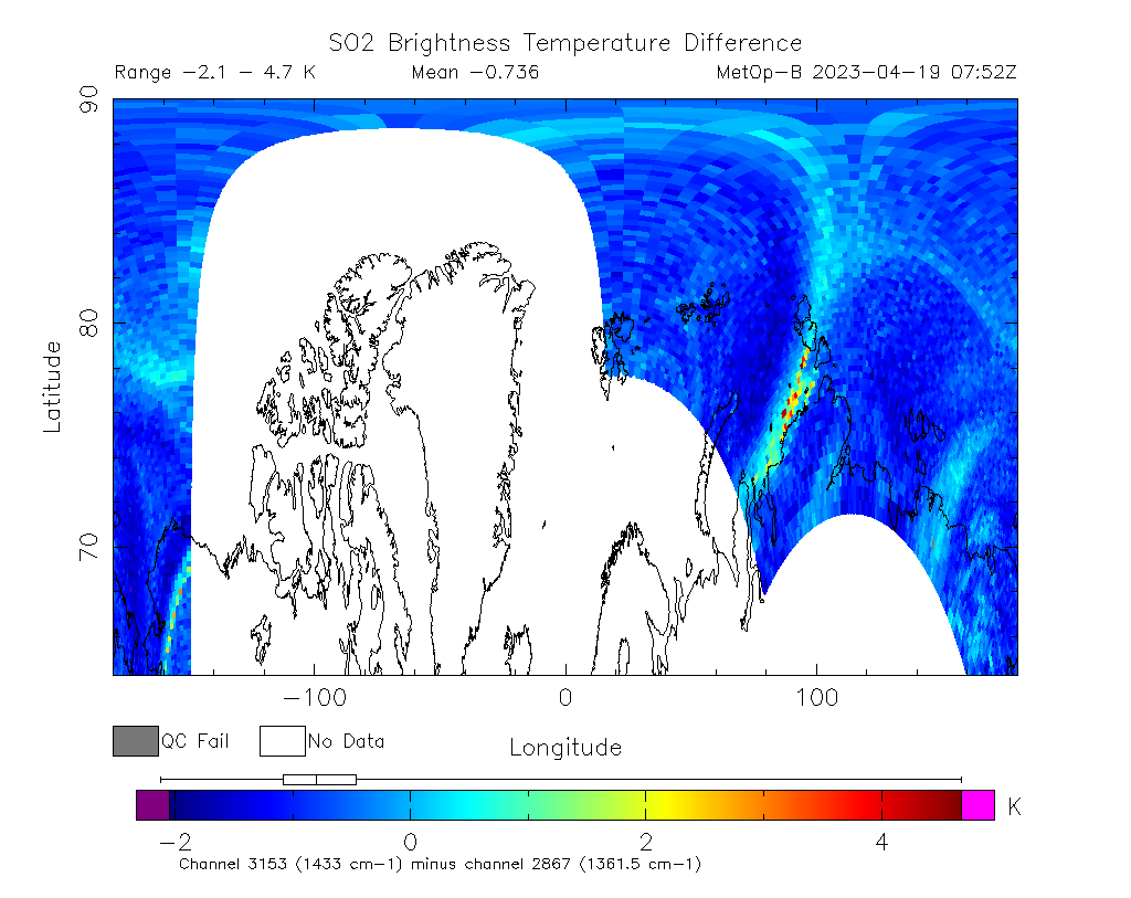 SO2 Brightness Temperature Difference 2023-04-19 07:52Z