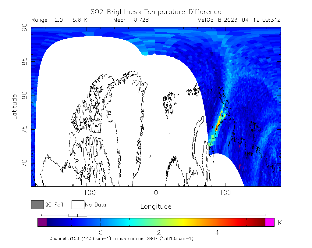 SO2 Brightness Temperature Difference 2023-04-19 09:31Z
