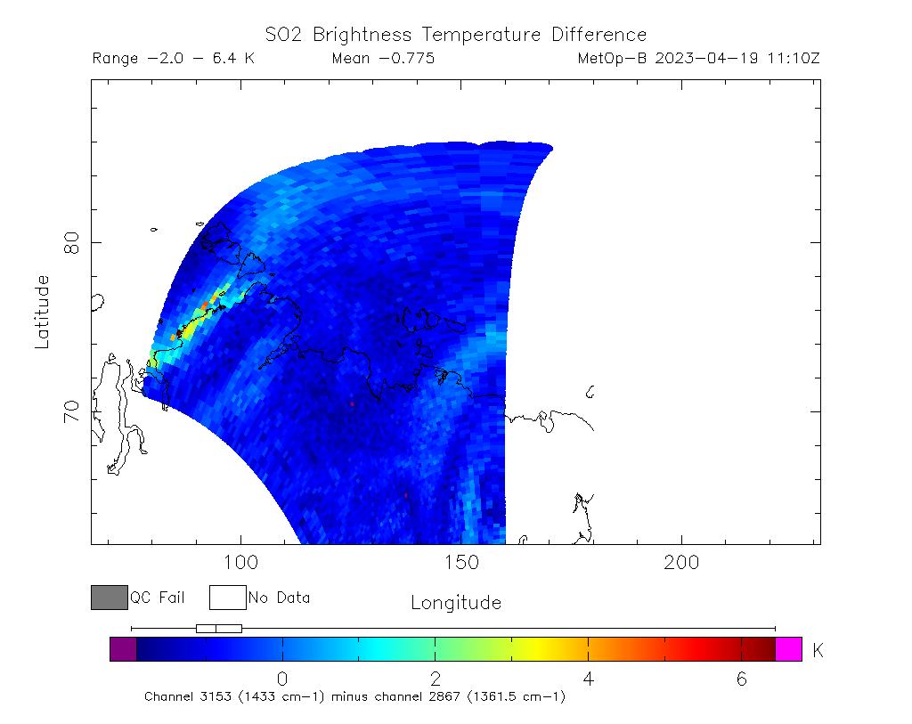 SO2 Brightness Temperature Difference 2023-04-19 11:10Z