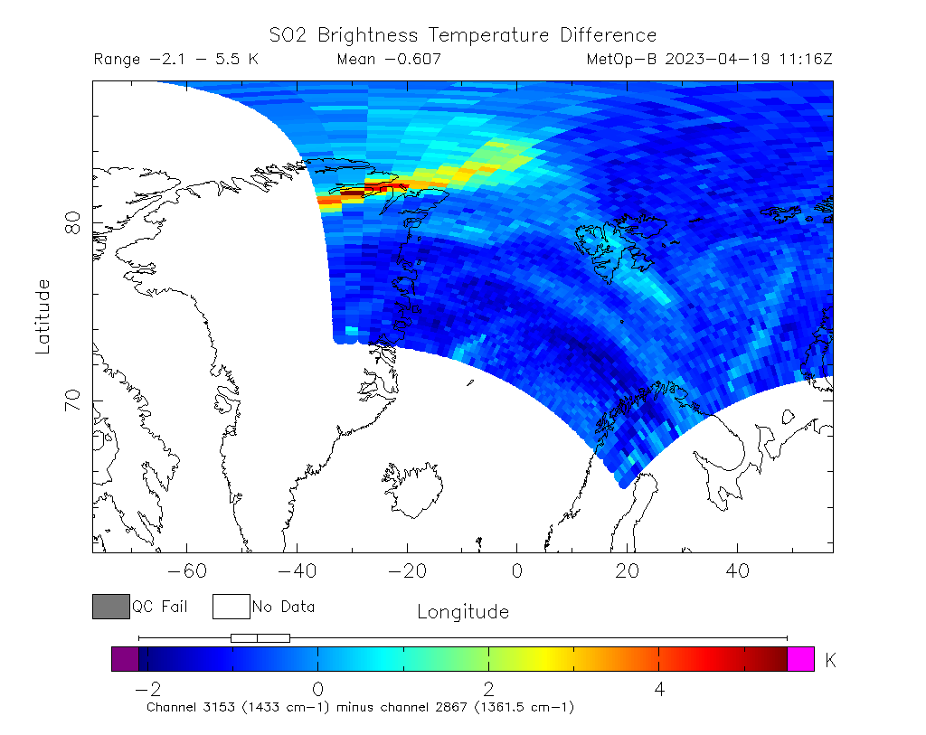 SO2 Brightness Temperature Difference 2023-04-19 11:16Z
