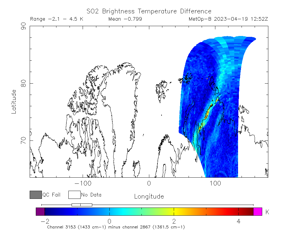 SO2 Brightness Temperature Difference 2023-04-19 12:52Z