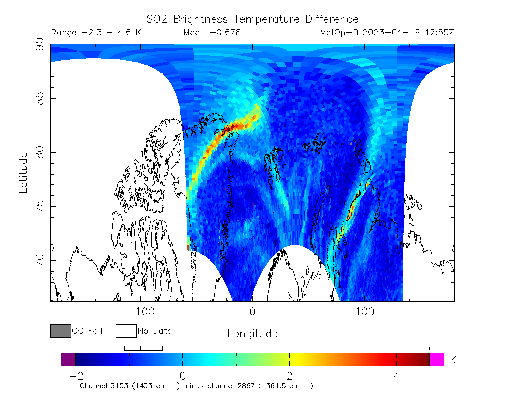 SO2 Brightness Temperature Difference 2023-04-19 12:55Z