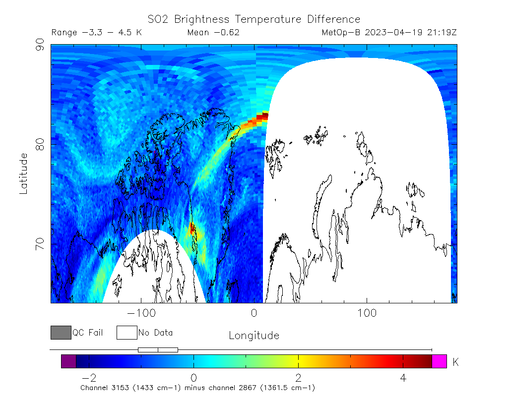SO2 Brightness Temperature Difference 2023-04-19 21:19Z