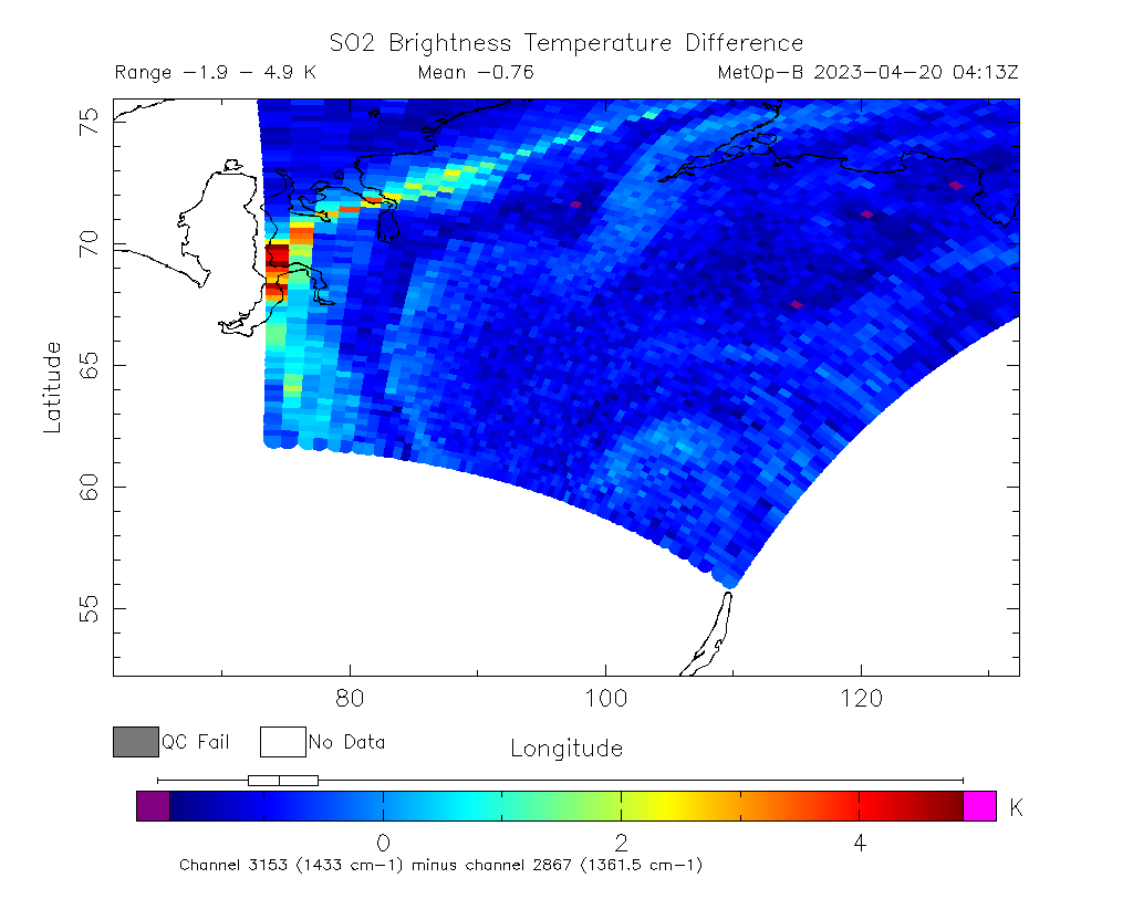 SO2 Brightness Temperature Difference 2023-04-20 04:13Z