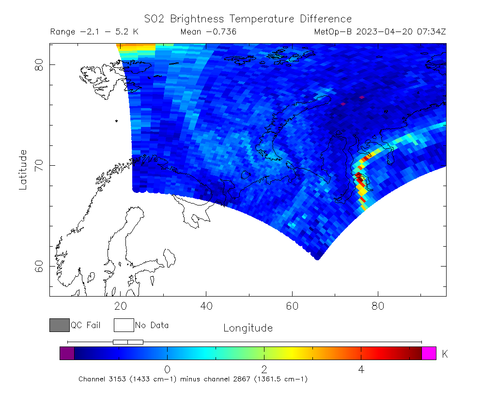 SO2 Brightness Temperature Difference 2023-04-20 07:34Z