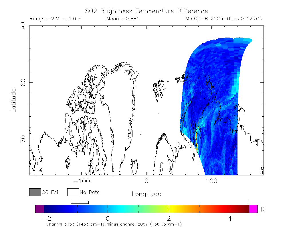 SO2 Brightness Temperature Difference 2023-04-20 12:31Z
