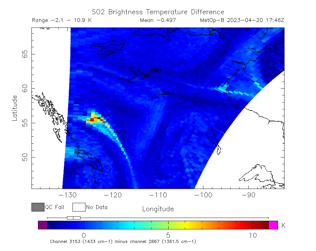SO2 Brightness Temperature Difference 2023-04-20 17:46Z