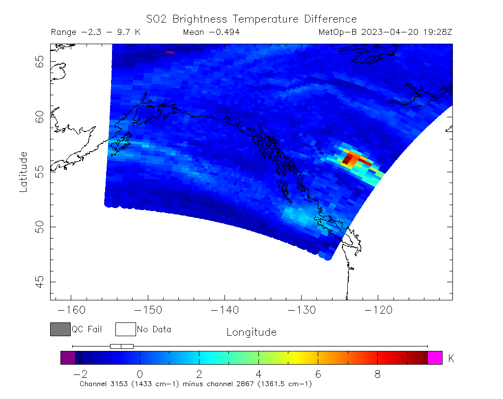 SO2 Brightness Temperature Difference 2023-04-20 19:28Z
