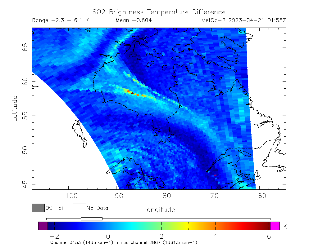 SO2 Brightness Temperature Difference 2023-04-21 01:55Z