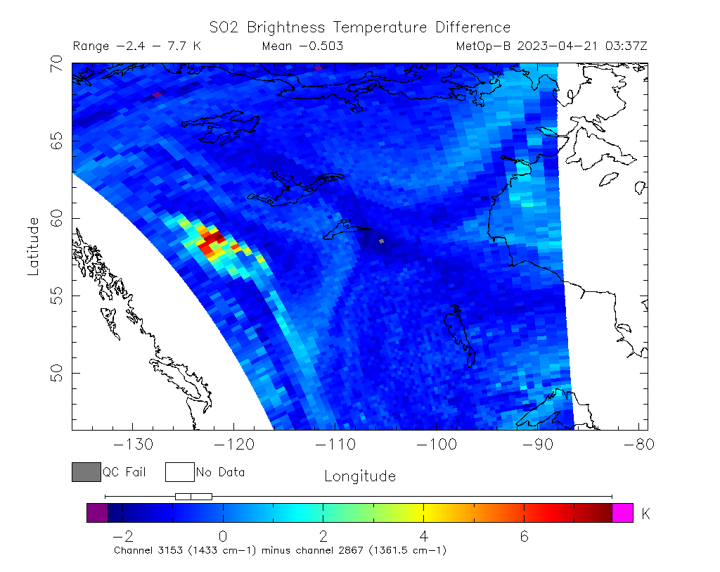 SO2 Brightness Temperature Difference 2023-04-21 03:37Z