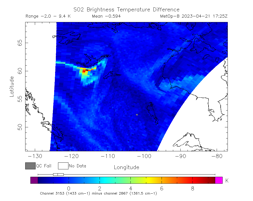 SO2 Brightness Temperature Difference 2023-04-21 17:25Z