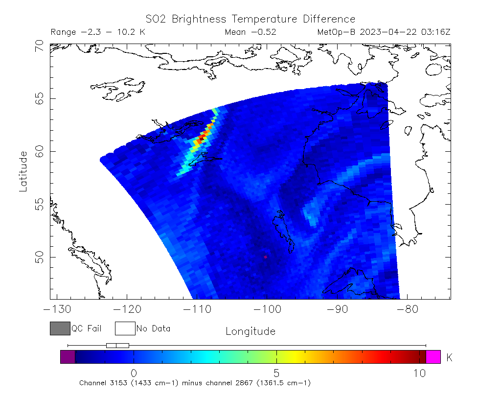 SO2 Brightness Temperature Difference 2023-04-22 03:16Z