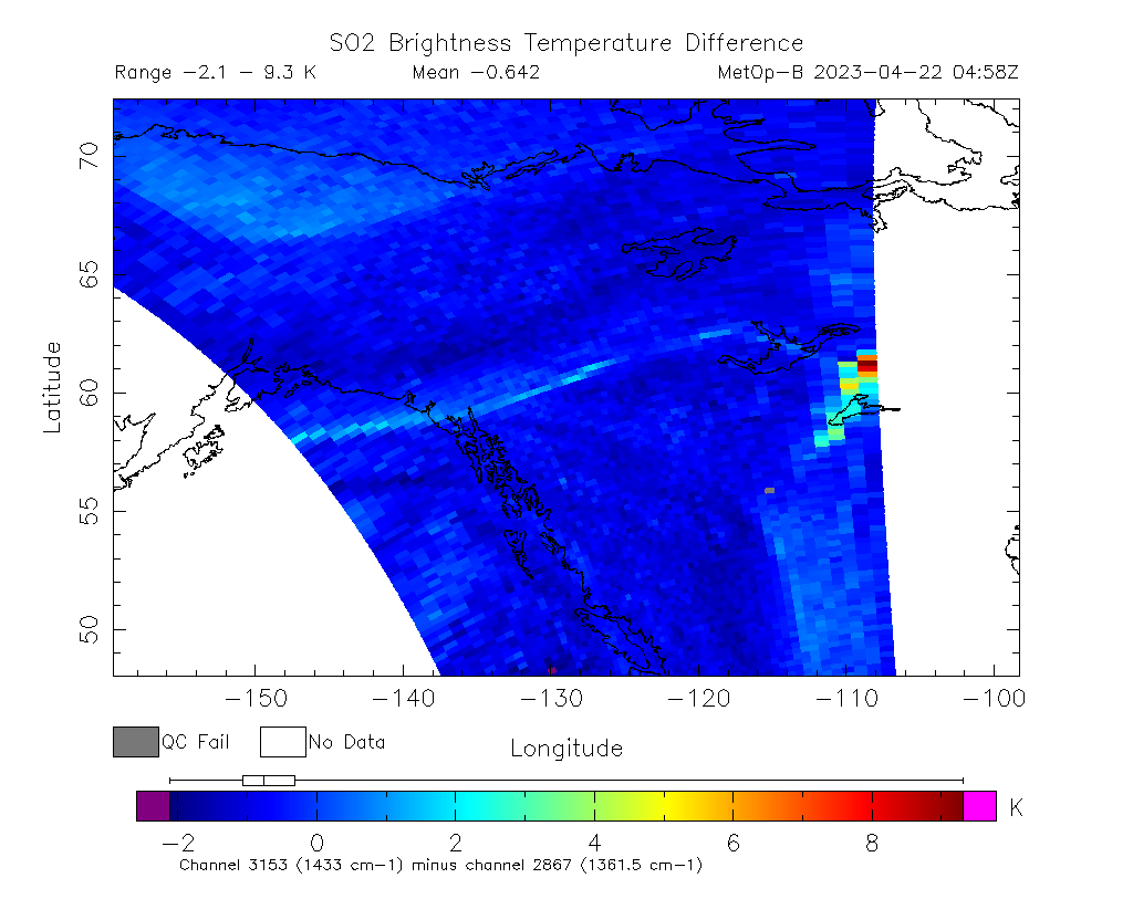 SO2 Brightness Temperature Difference 2023-04-22 04:58Z