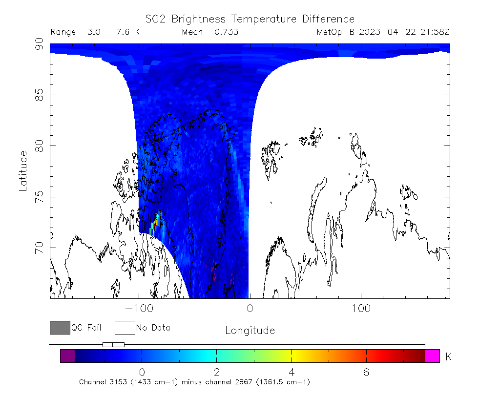 SO2 Brightness Temperature Difference 2023-04-22 21:58Z