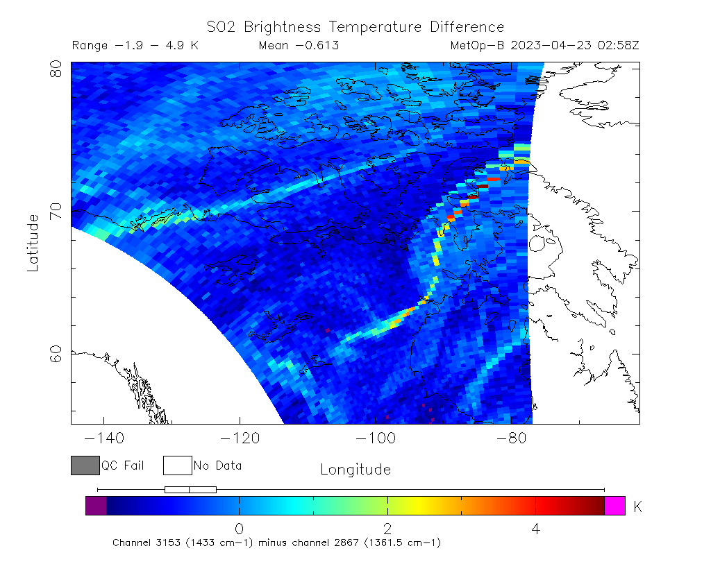 SO2 Brightness Temperature Difference 2023-04-23 02:58Z