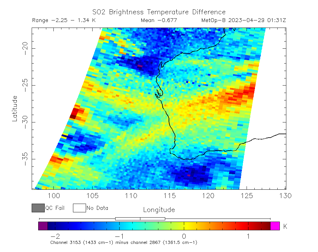 SO2 Brightness Temperature Difference 2023-04-29 01:31Z