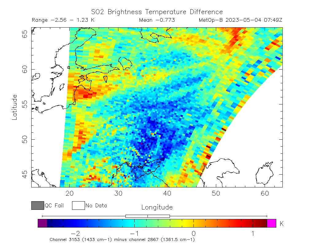 SO2 Brightness Temperature Difference 2023-05-04 07:49Z