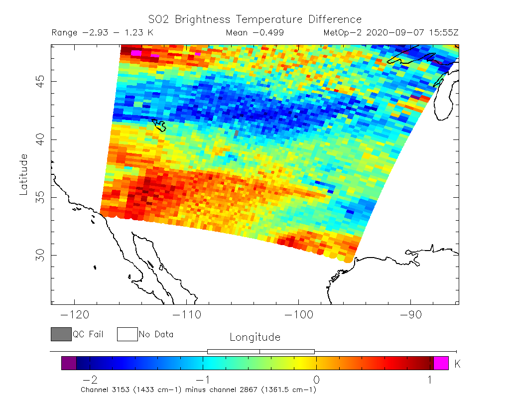 SO2 Brightness Temperature Difference 2020-09-07 15:55Z