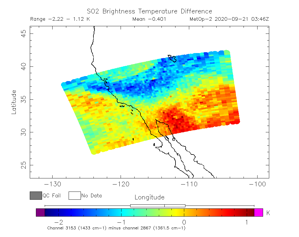 SO2 Brightness Temperature Difference 2020-09-21 03:46Z