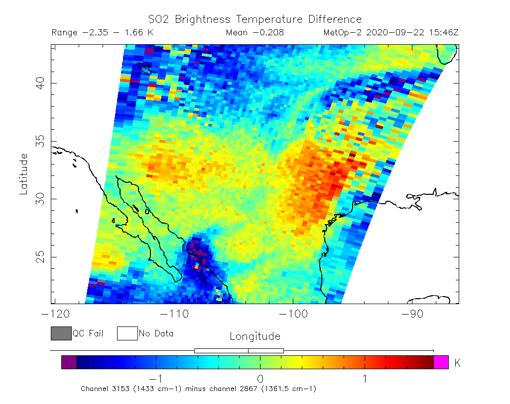 SO2 Brightness Temperature Difference 2020-09-22 15:46Z