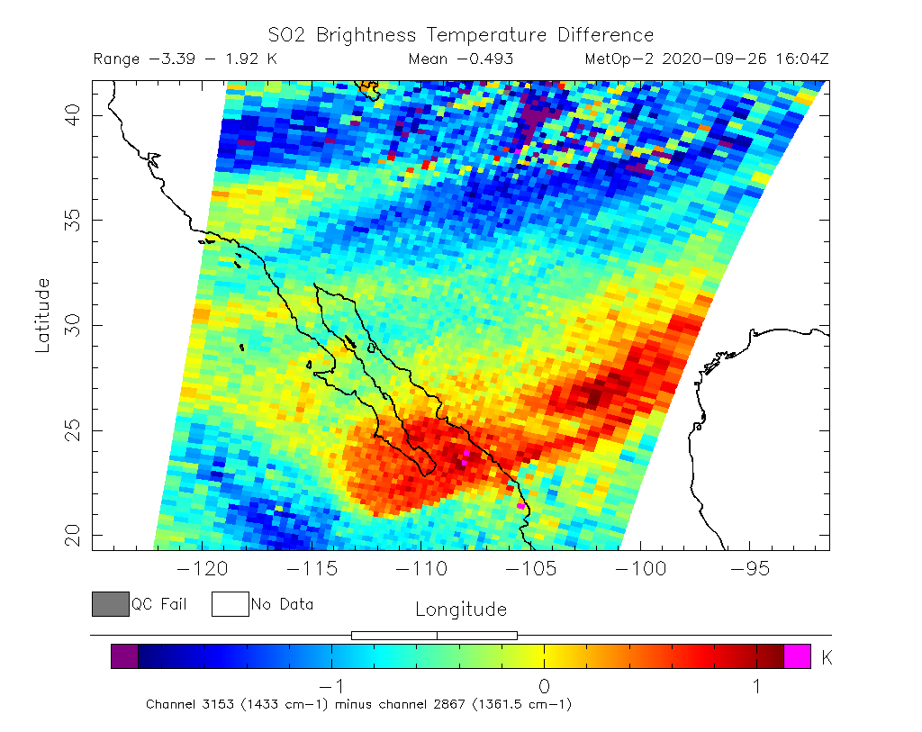 SO2 Brightness Temperature Difference 2020-09-26 16:04Z