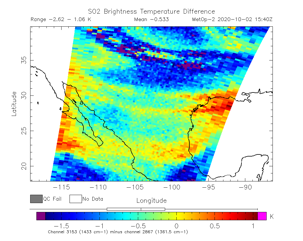 SO2 Brightness Temperature Difference 2020-10-02 15:40Z