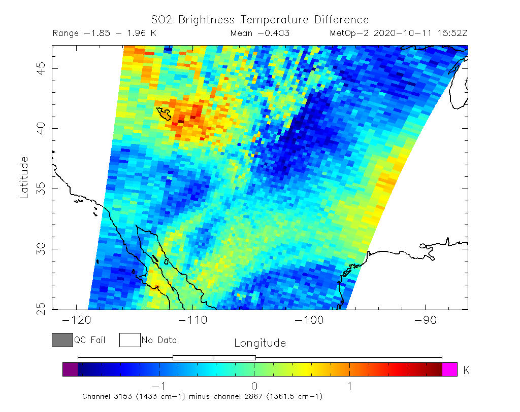 SO2 Brightness Temperature Difference 2020-10-11 15:52Z