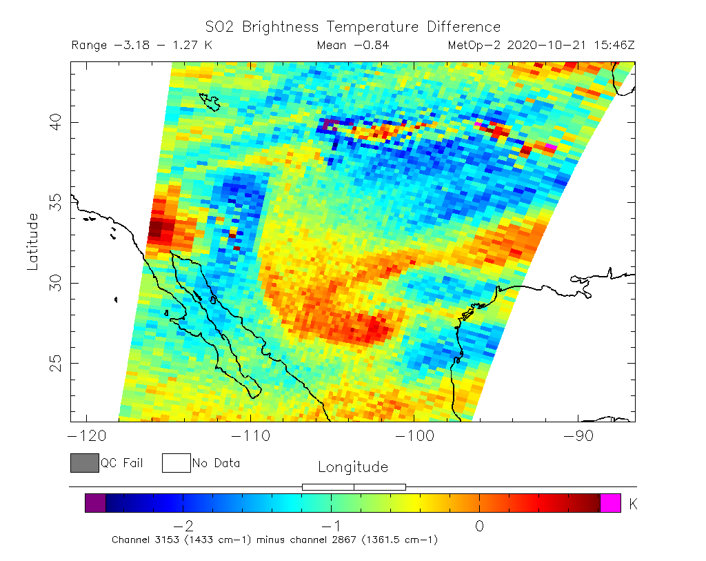 SO2 Brightness Temperature Difference 2020-10-21 15:46Z