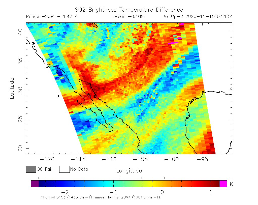 SO2 Brightness Temperature Difference 2020-11-10 03:13Z