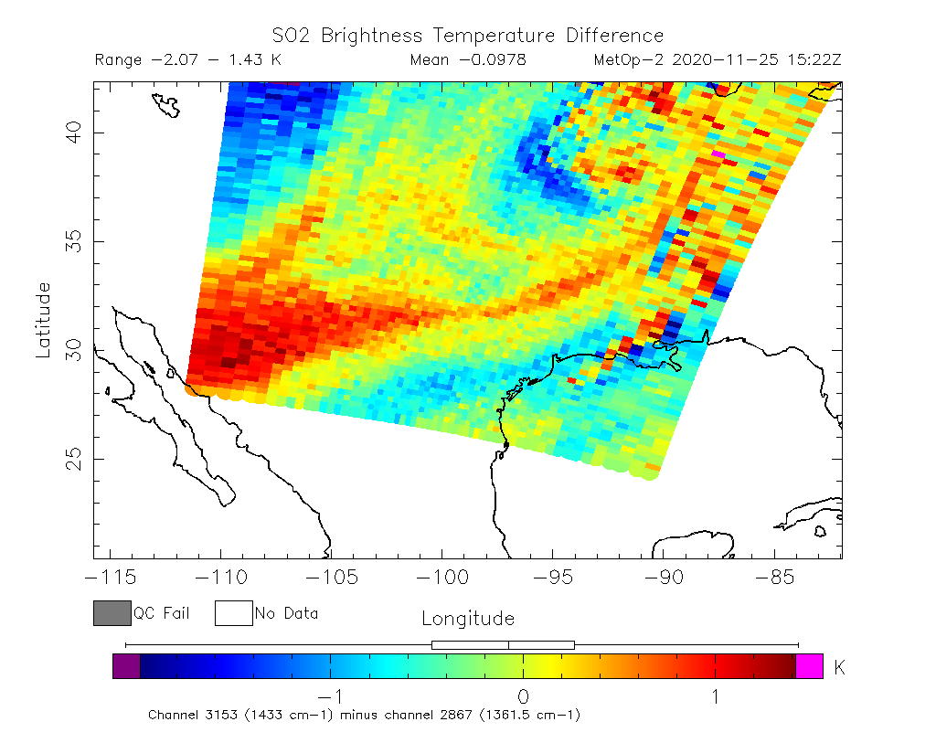SO2 Brightness Temperature Difference 2020-11-25 15:22Z