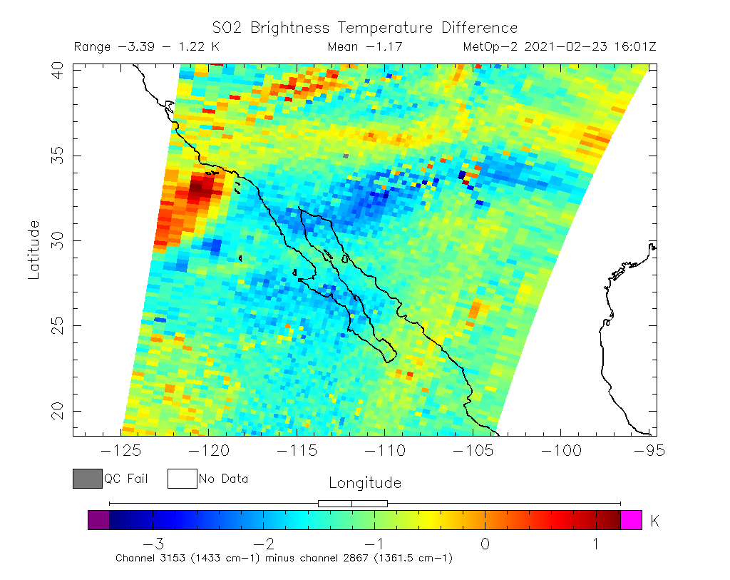 SO2 Brightness Temperature Difference 2021-02-23 16:01Z
