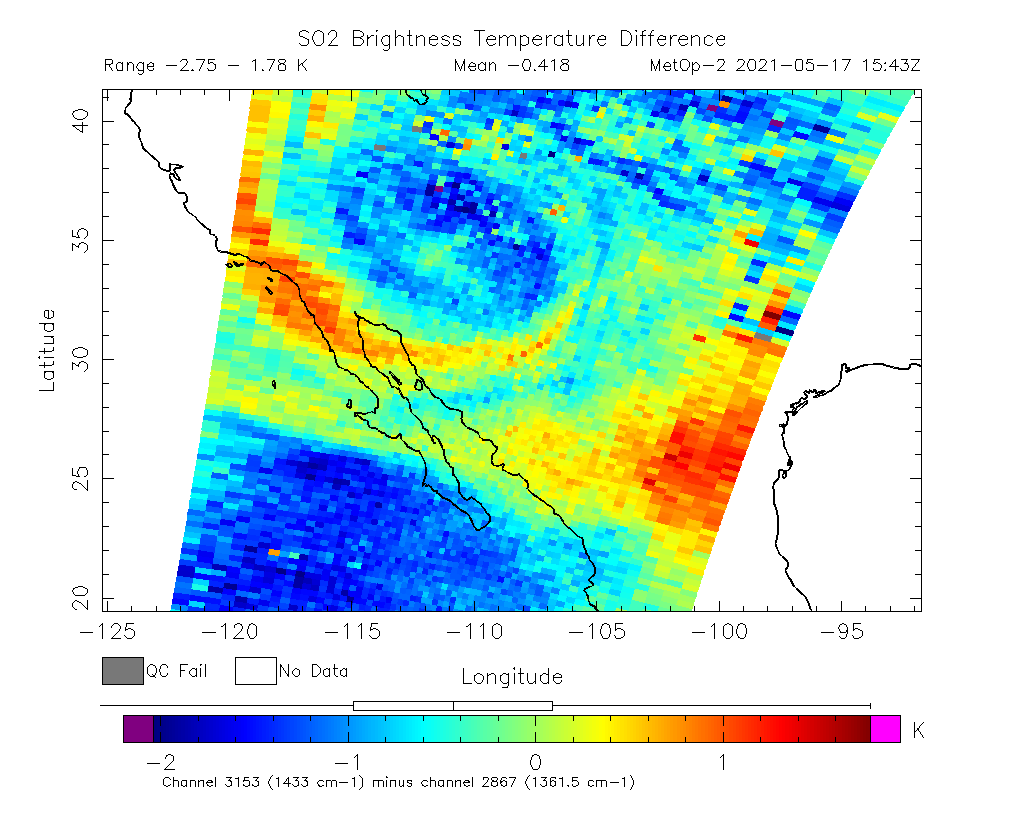 SO2 Brightness Temperature Difference 2021-05-17 15:43Z