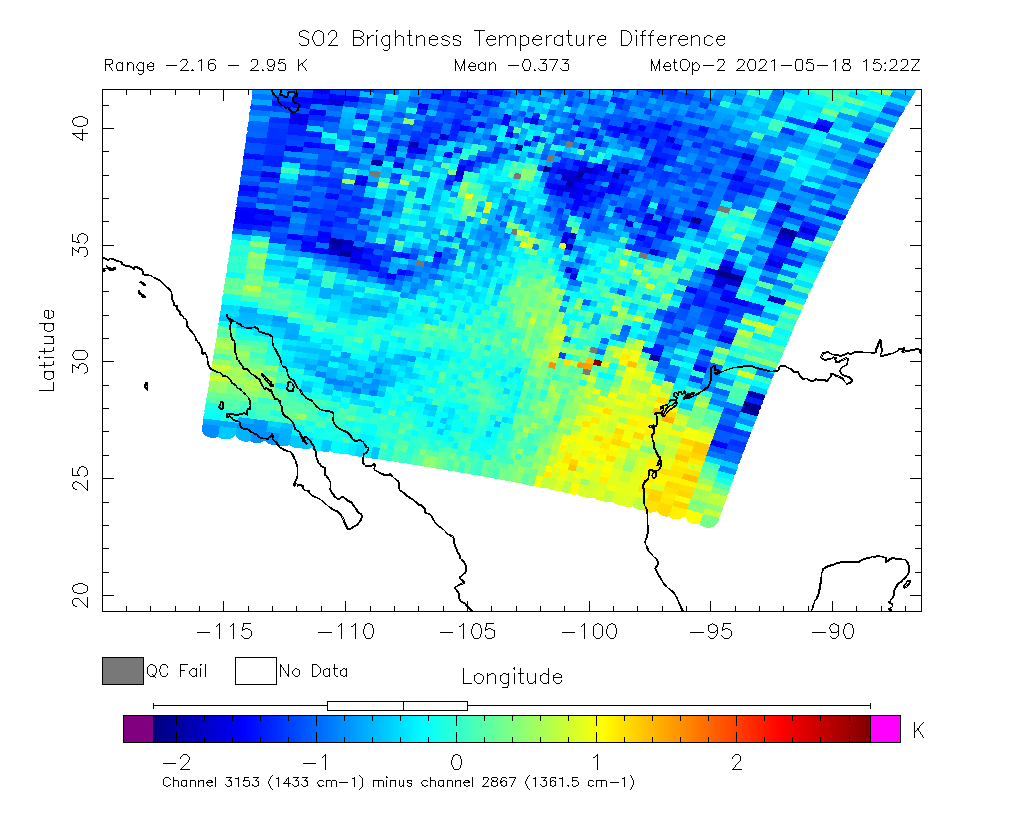 SO2 Brightness Temperature Difference 2021-05-18 15:22Z