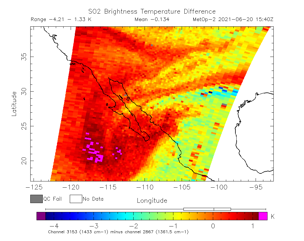 SO2 Brightness Temperature Difference 2021-06-20 15:40Z