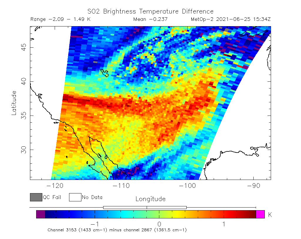 SO2 Brightness Temperature Difference 2021-06-25 15:34Z