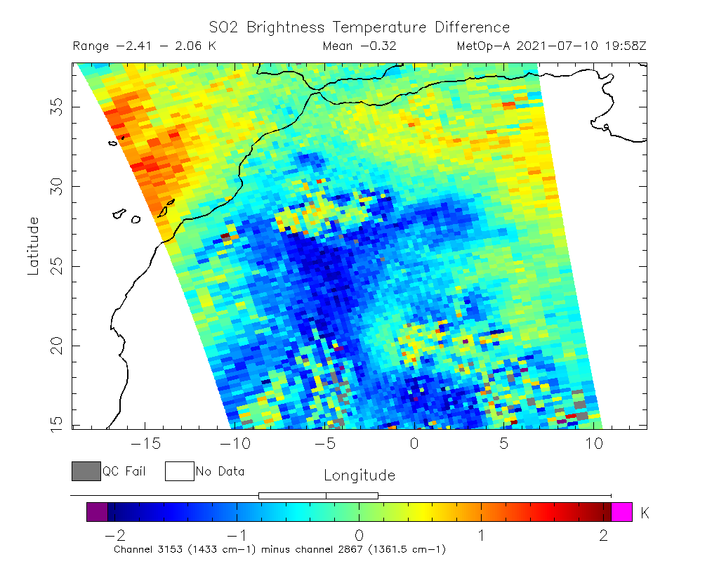SO2 Brightness Temperature Difference 2021-07-10 19:58Z