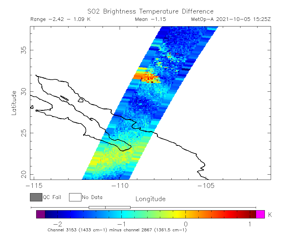 SO2 Brightness Temperature Difference 2021-10-05 15:25Z