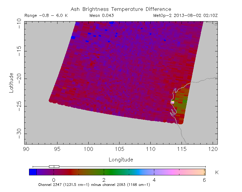 Ash Brightness Temperature Difference 2013-08-02 02:10Z